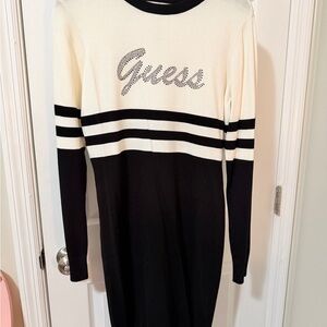 Guess Cream and Black Logo Knit Dress with Stripe Detail
